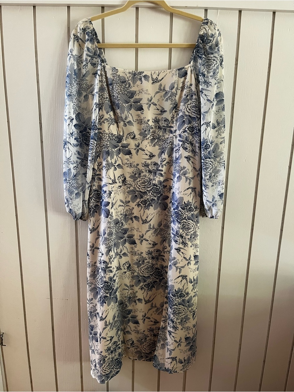 Cream Midi Dress with Blue Floral Print and Puff Sleeves